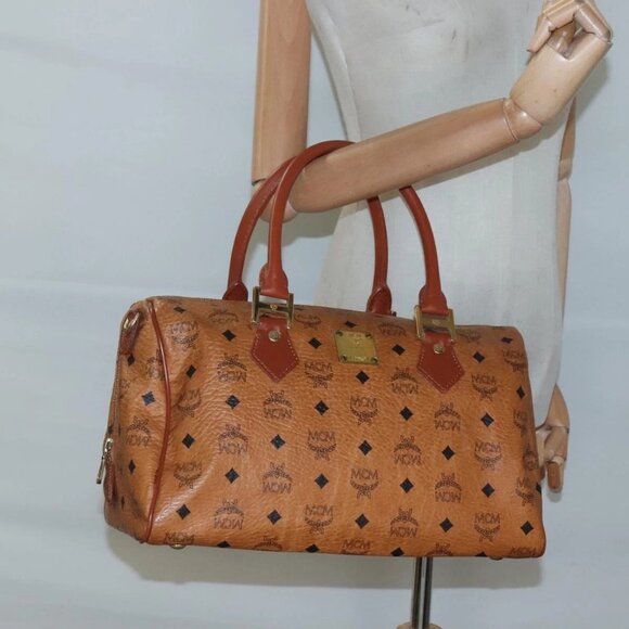 MCM Logogram Vicetos Boston Bag PVC Leather Brown Gold Auth 124167 - Picture 15 of 16